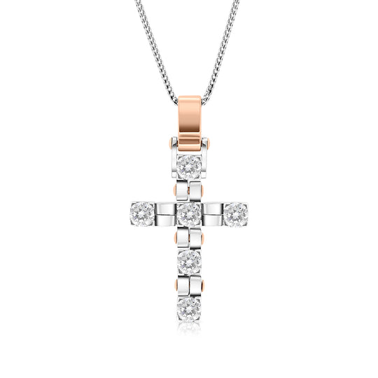 White & Rose Gold Diamond Cross Pendant - 3 Carat
