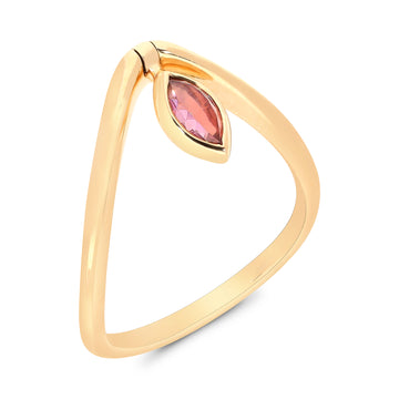18K Rose Gold Chevron Shaped Ring Set with a Marquise-Cut Blue Garnet and Purple Sapphire Dangle