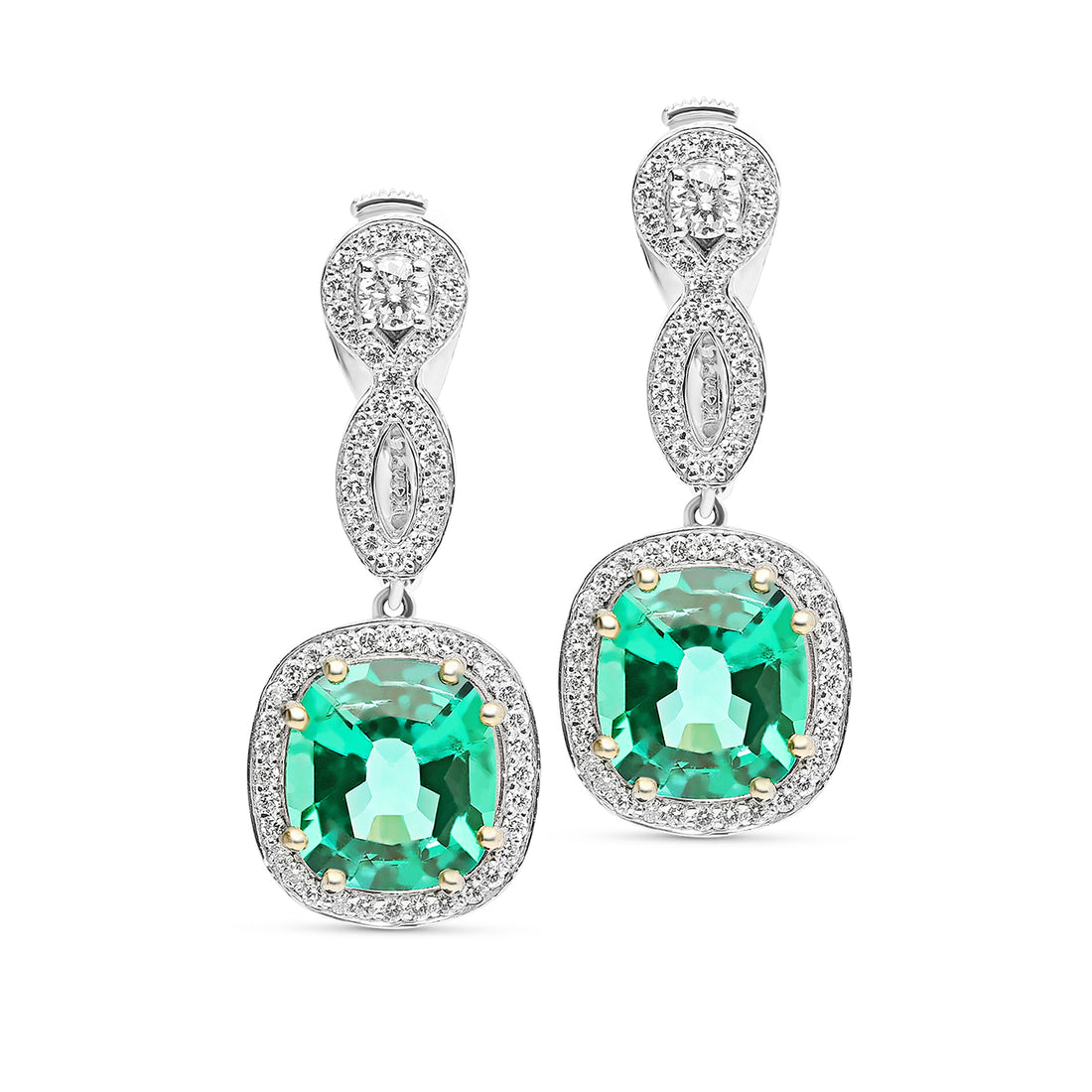 Cushion Cut Green Emerald Infinity Drop Earrings - 6 Carat