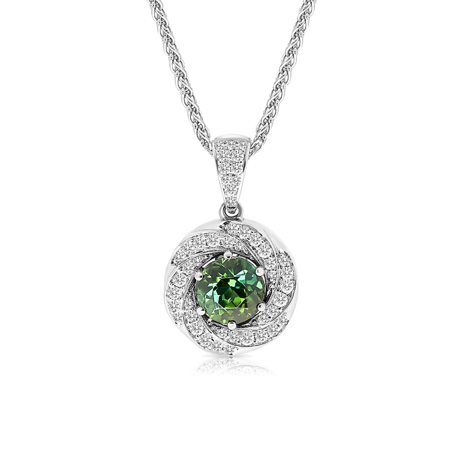 Diamond Halo Green Tourmaline Pendant Necklace - 1.4 Carat
