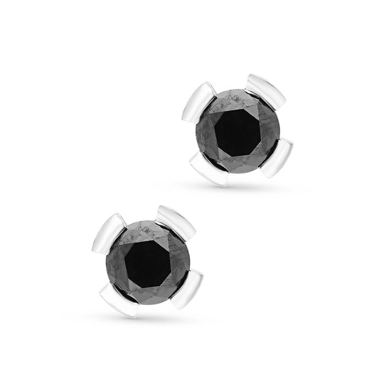 Round Cut Natural Black Diamond Studs in a Split Bezel Setting - 2 Carat