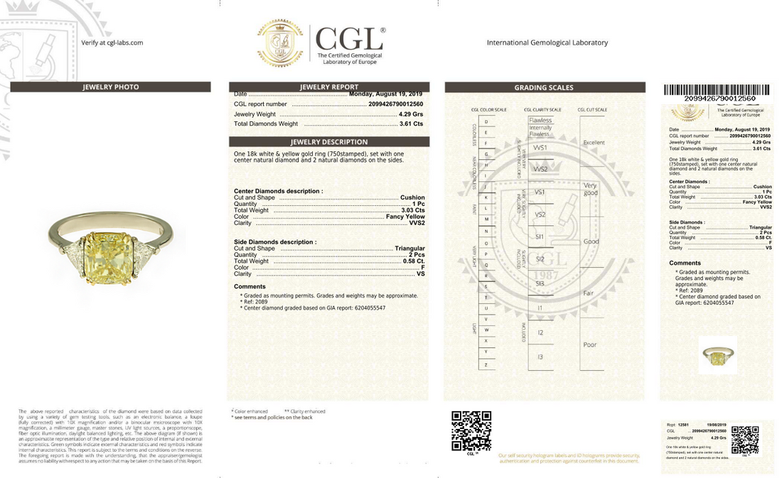 3 Carat Cushion Cut Fancy Intense Yellow Three Stone Trillion Ring