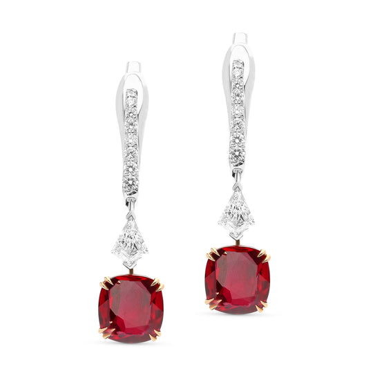 Cushion Cut Pigen Blood Ruby and Diamond Drop Earrings - 4.8 Carat