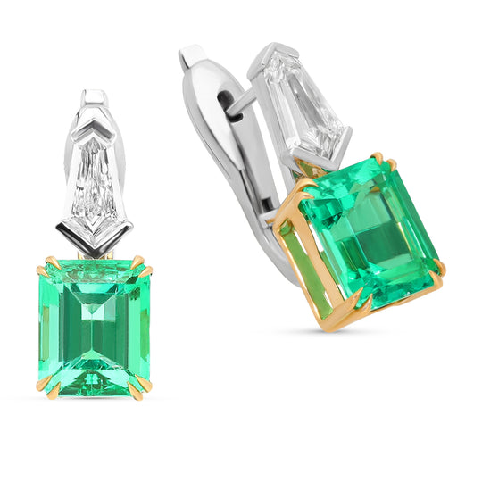 Green Emerald and Diamond White and Yellow Gold Drop Earrings -5 Carat
