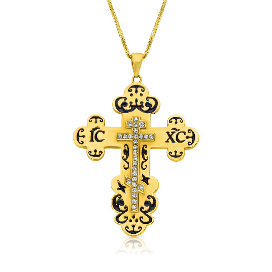Rose Gold Diamond Russian Orthodox Cross Pendant Necklace - 1.5 Carat