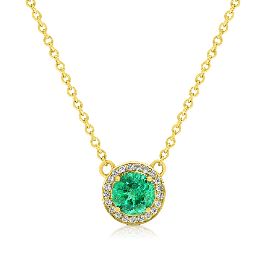 Yellow Gold Emerald Halo Pendant Necklace - 1.2 Carat