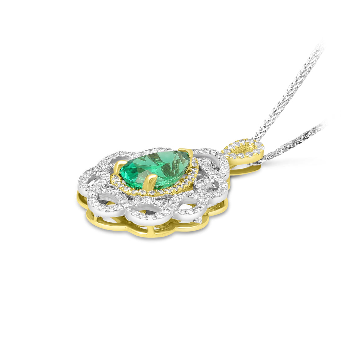 White and Yellow Gold Emerald Pendant Flower - 1.9 Carat