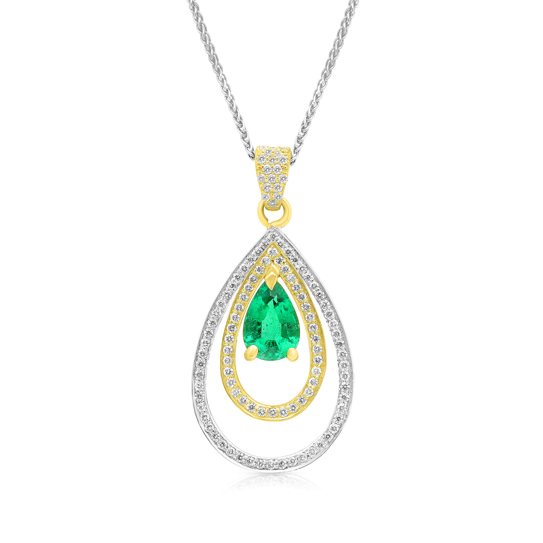 White and Yellow Gold Teardrop Emerald Pendant Necklace - 1.76 Carat