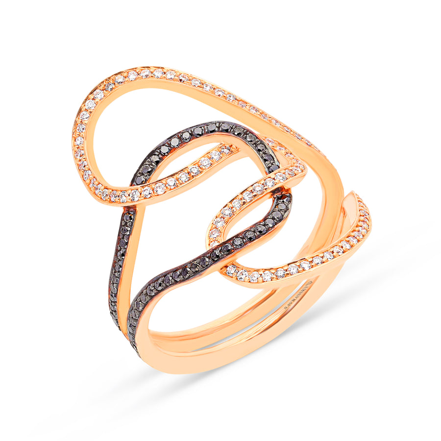 White and Black Diamond Abstract Loop Ring in Rose Gold