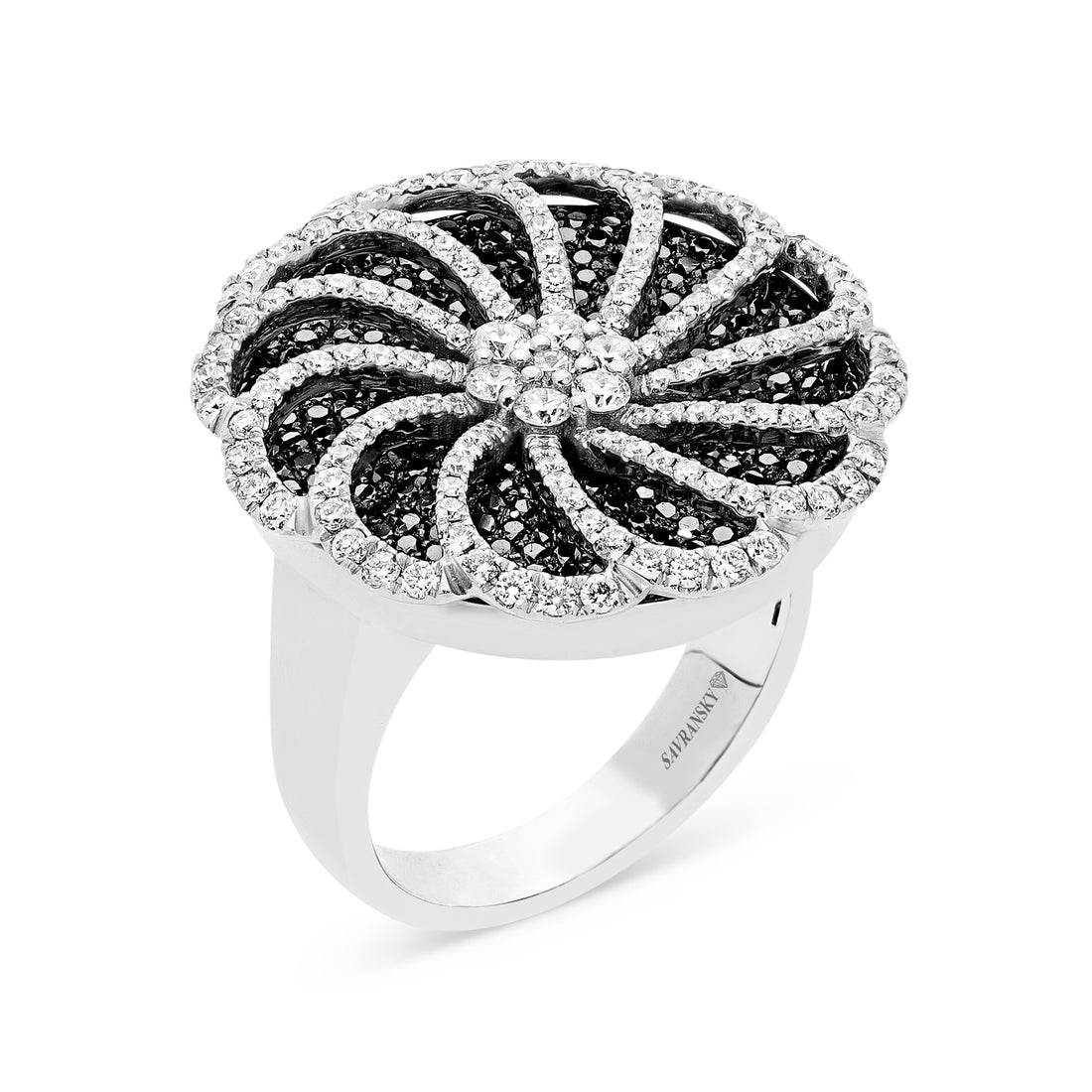 White & Black Diamond Flower-Shaped Spinning Ring