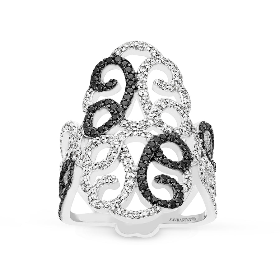 White and Black Diamond Elongated Filigree Ring