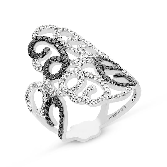 White and Black Diamond Elongated Filigree Ring