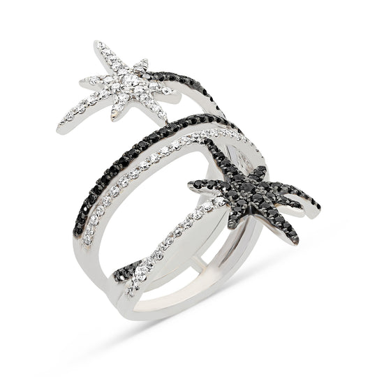 North Star White and Black Diamond Multi Band Bypass Wrap Ring