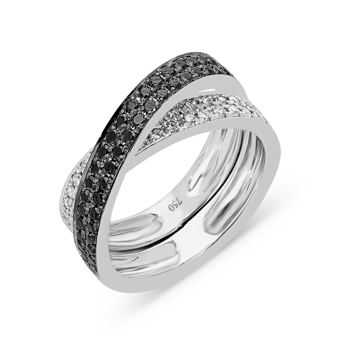 Interlocking diamond wedding band 18-karat white gold bands illuminated by 0.83-carats of black and white diamonds. 
