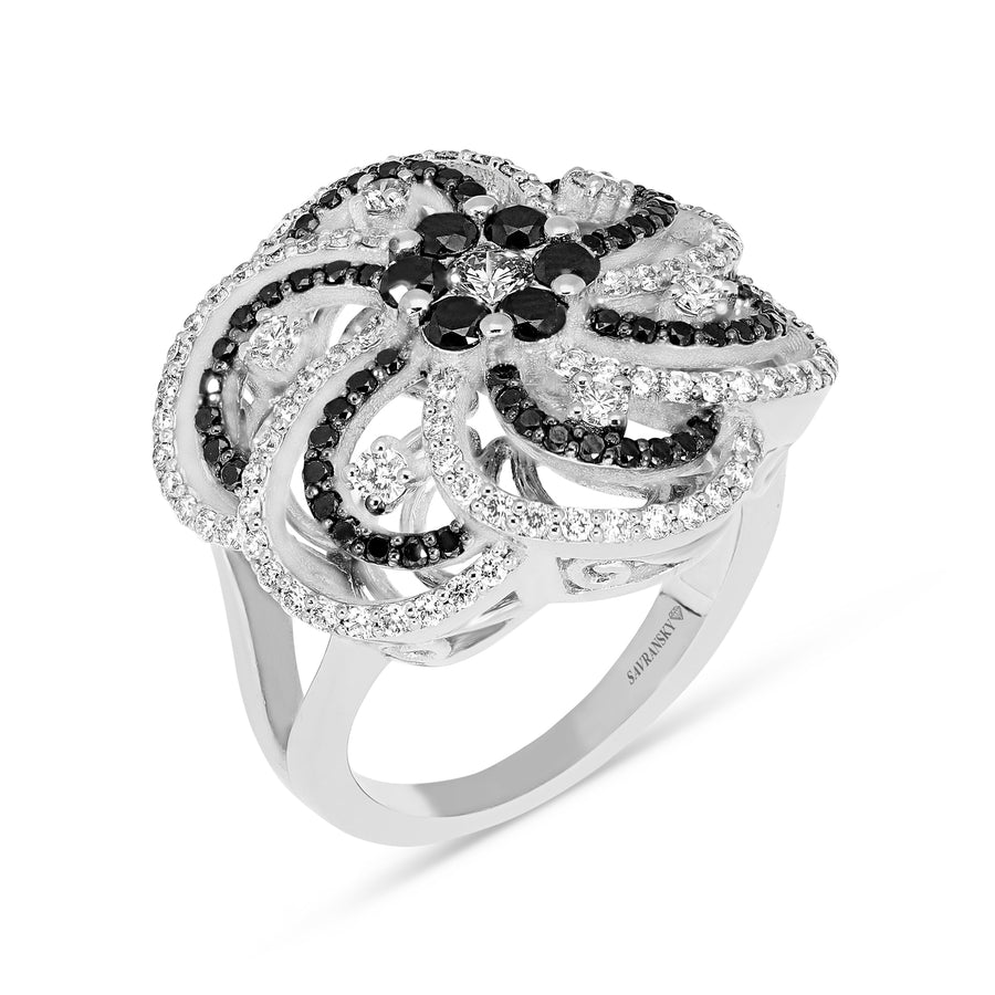White and Black Diamond Flower Shaped Cocktail Ring