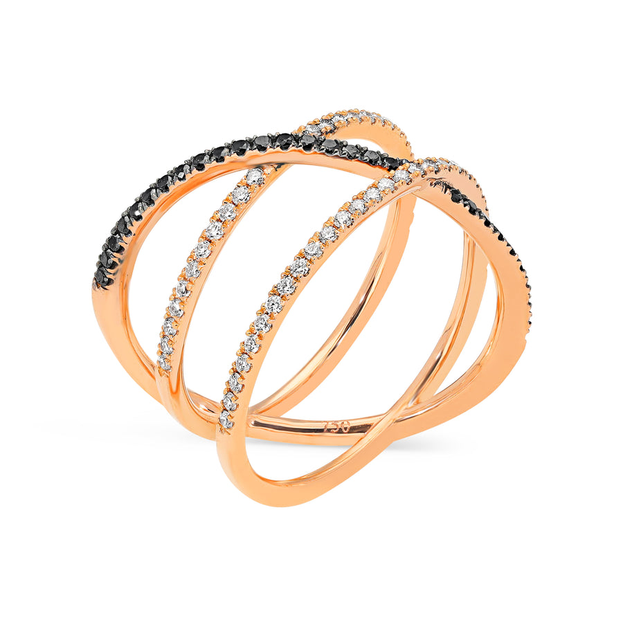 White and Black Diamond Rose Gold Triple Crossover Ring