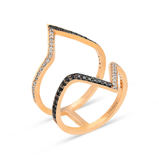 White and Black Diamond Double Open Chevron Ring