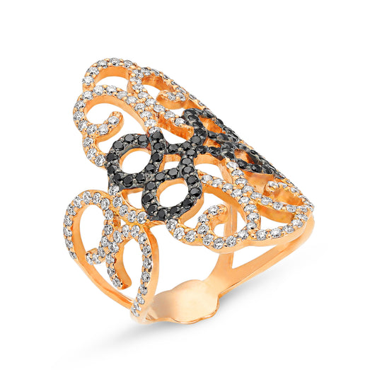 White and Black Diamond Elongated Filigree Ring