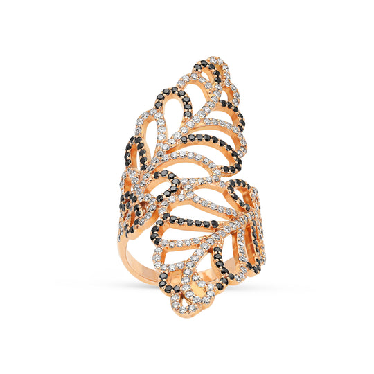 White and Black Diamond Bypass Leaf Ring