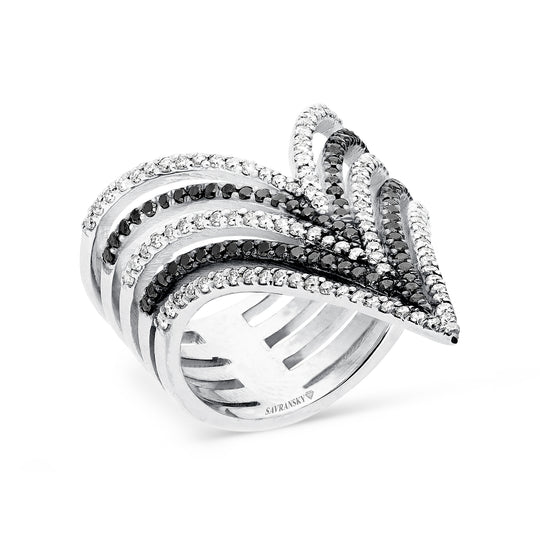 Multi Layer V Shape White and Black Diamonds Stacked Rings