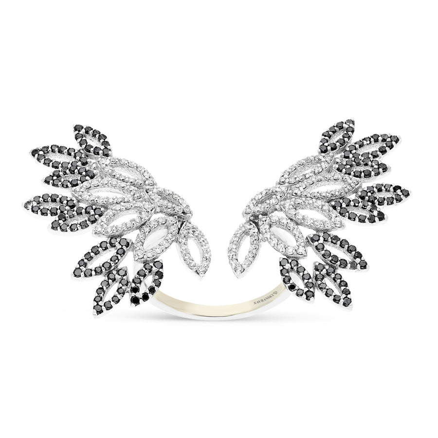 White and Black Diamond Open Centered Wings Cocktail Ring