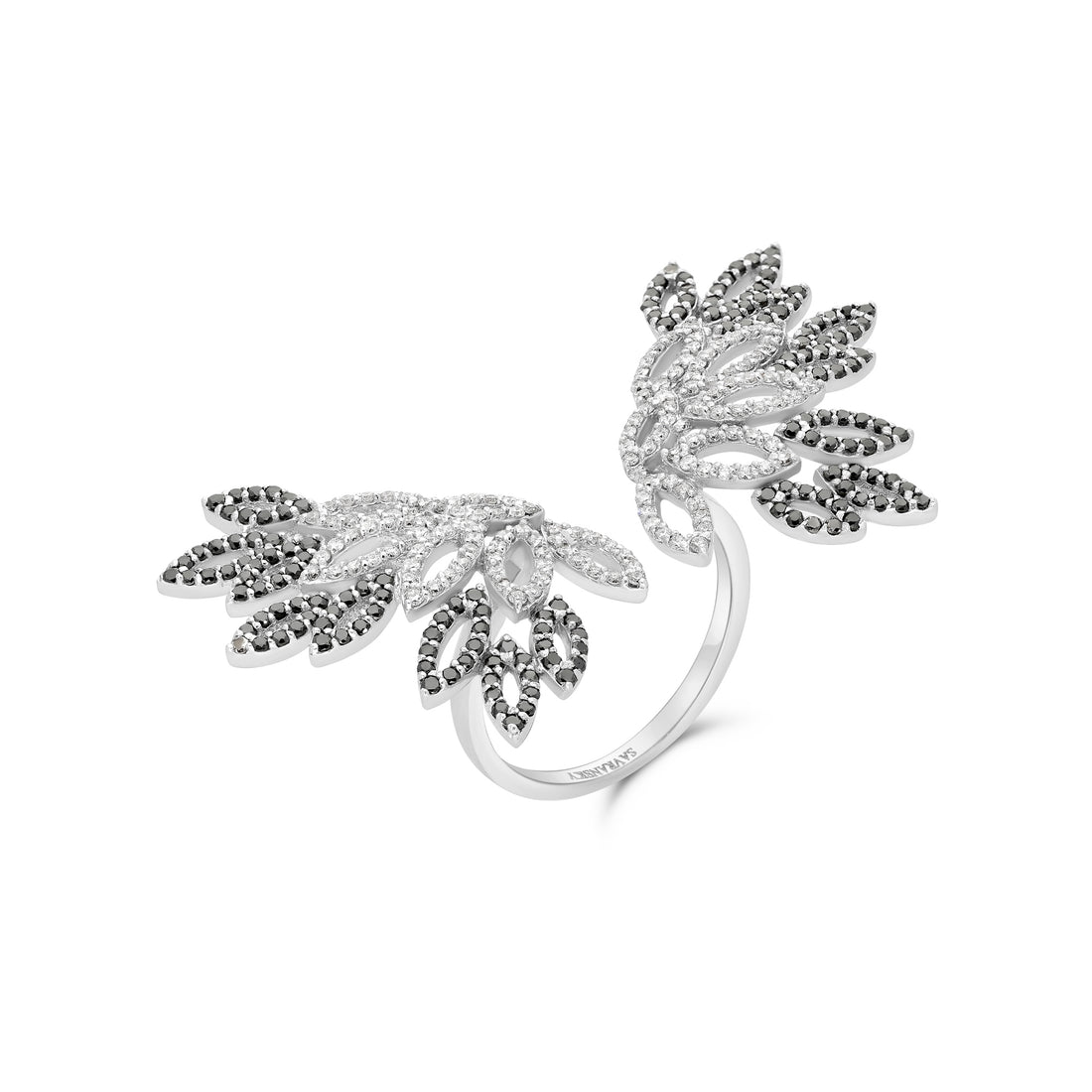 White and Black Diamond Open Centered Wings Cocktail Ring