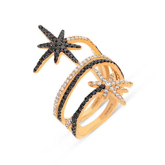 Rose Gold White and Black Diamond Multi Band Bypass Wrap Star Ring