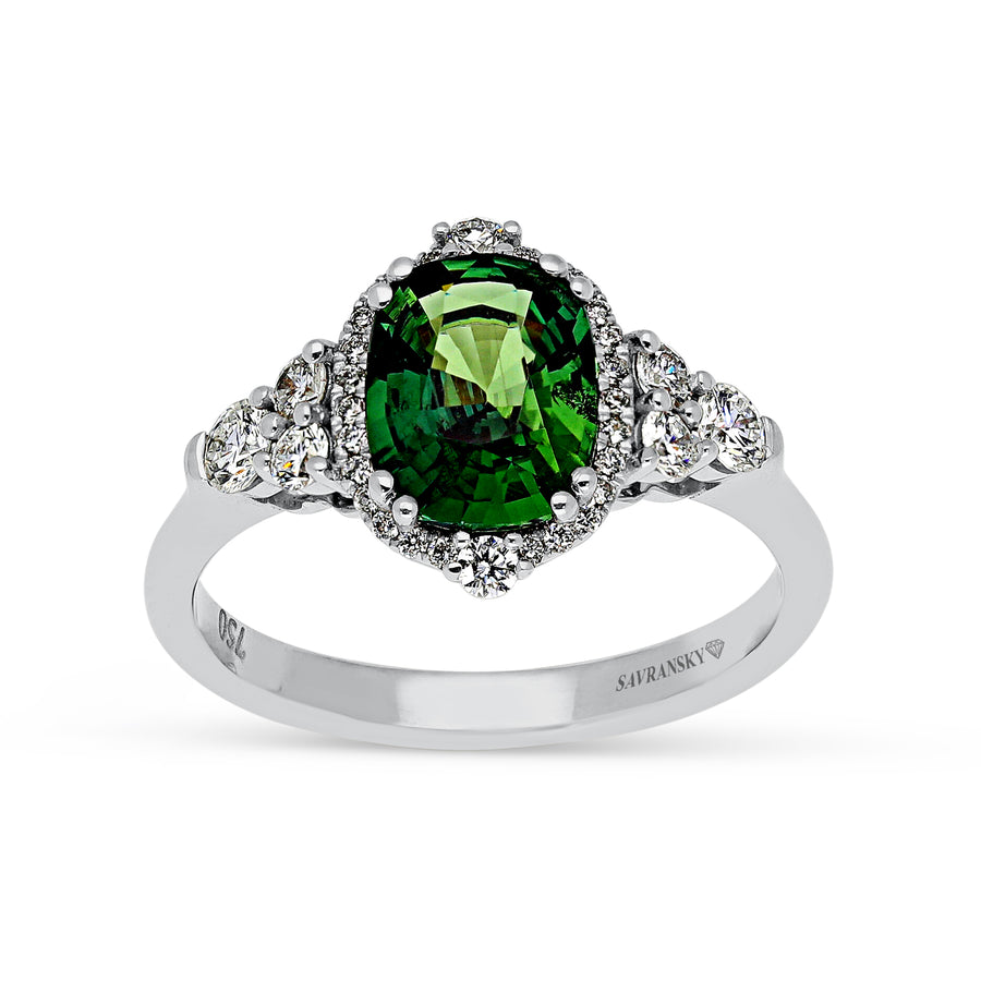 Cushion Cut Natural Fancy Green Sapphire Ring - GRS certificate