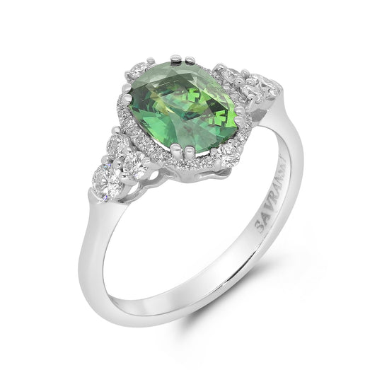 Cushion Cut Natural Fancy Green Sapphire Ring - GRS certificate
