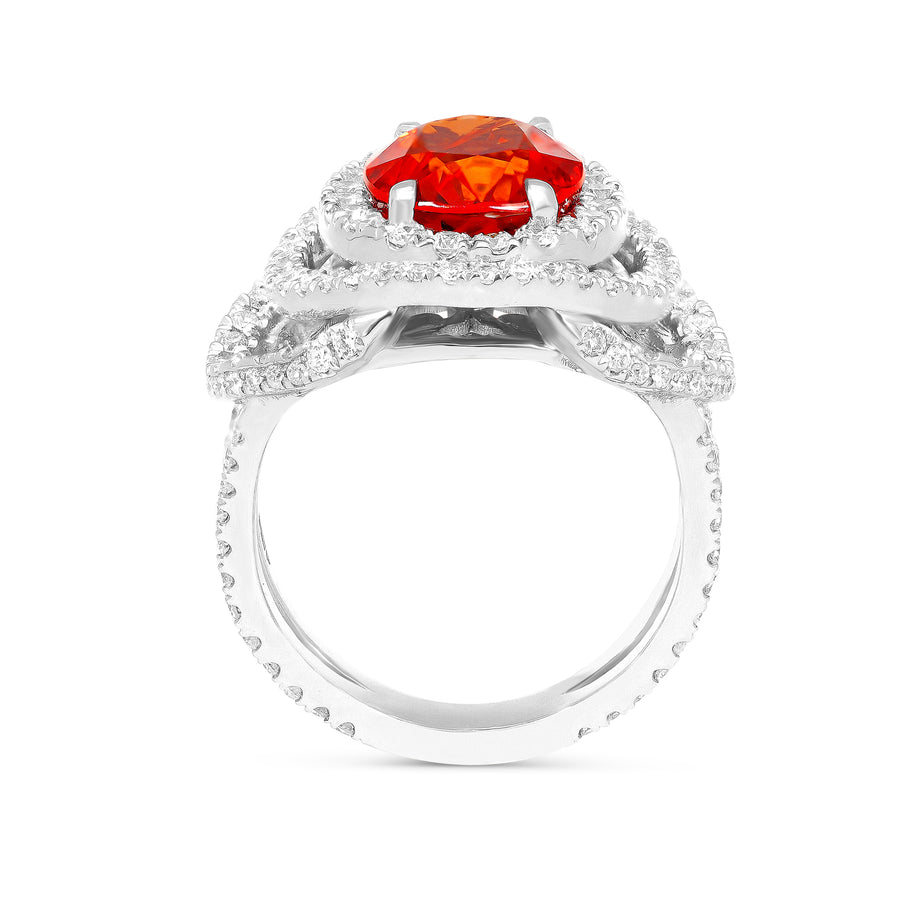 Oval Cut Orange Sapphire Trio Halo Birthstone Ring
