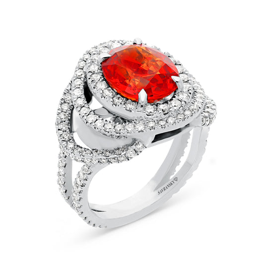 Oval Cut Orange Sapphire Trio Halo Birthstone Ring