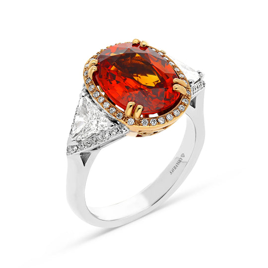Oval Cut Orange Sapphire Three Stone Trillion Birthstone Ring