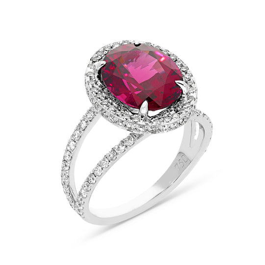 Oval Cut Rhodolite Double Edge Halo & Split Shank Ring