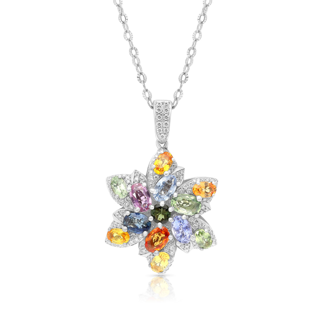 Multi Color Sapphire Flower Shaped Pendant Necklace - 5.5 Carat