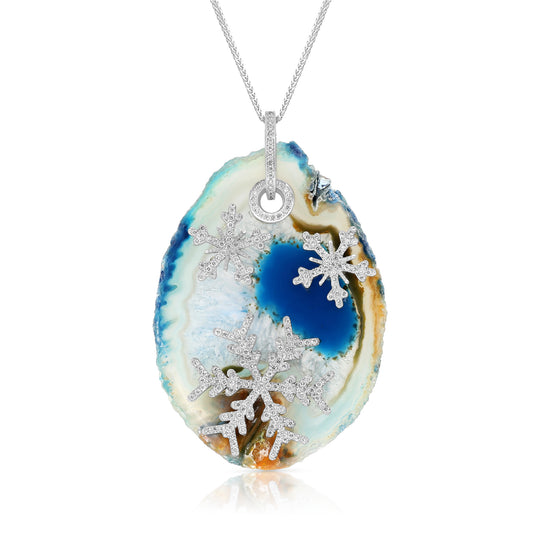 Agate Stone and Diamond Trio Snow Flake Pendant