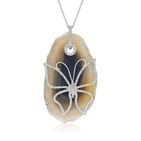 Agate Stone and Diamond Butterfly Pendant