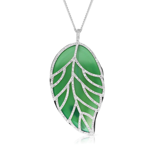 Green Agate Stone and Diamond Leaf Pendant