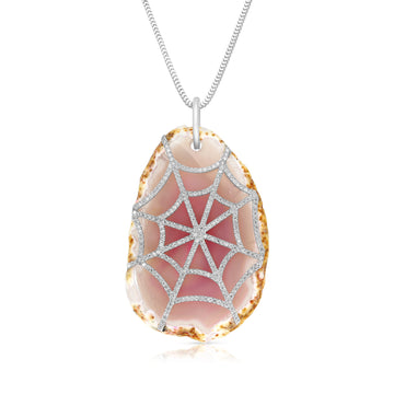 Pink Agate Stone and Diamond Spider Web Pendant