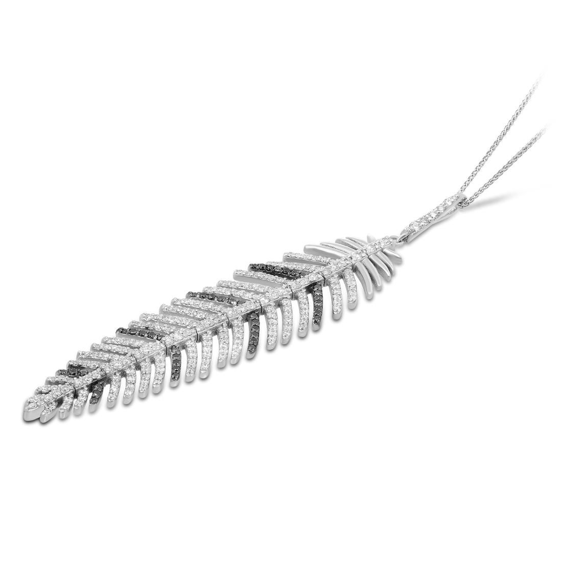 White and Black Diamond Feather Pendant Necklace - 1.3 Carat