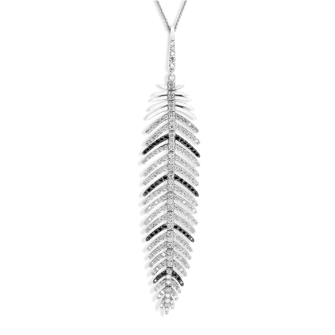 White and Black Diamond Feather Pendant Necklace - 1.3 Carat