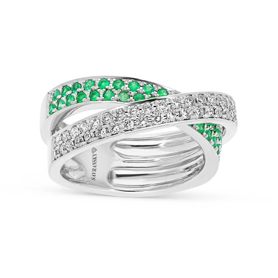 Emerald and White Diamond Crossover Ring