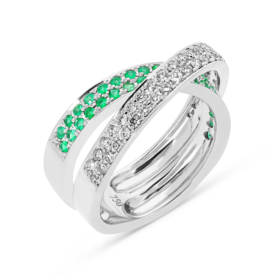 Emerald and White Diamond Crossover Ring