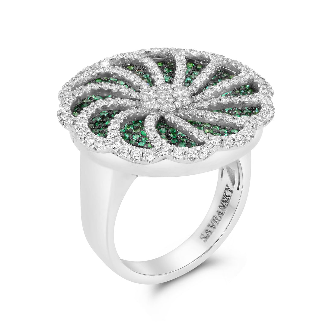 Emerald & Diamond Flower-Shaped Spinning Ring