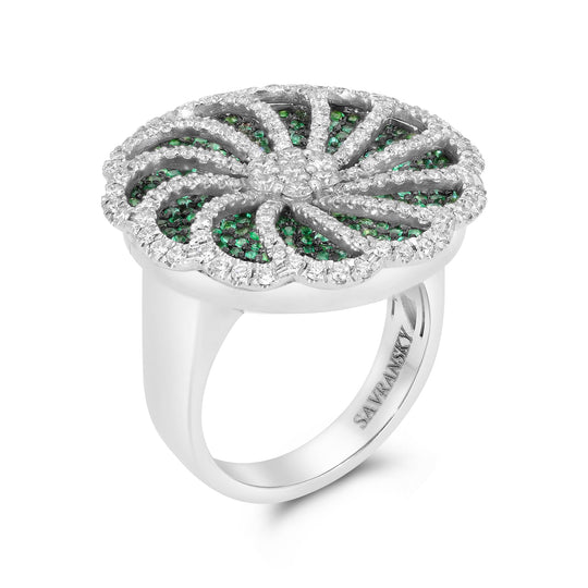 Emerald & Diamond Flower-Shaped Spinning Ring