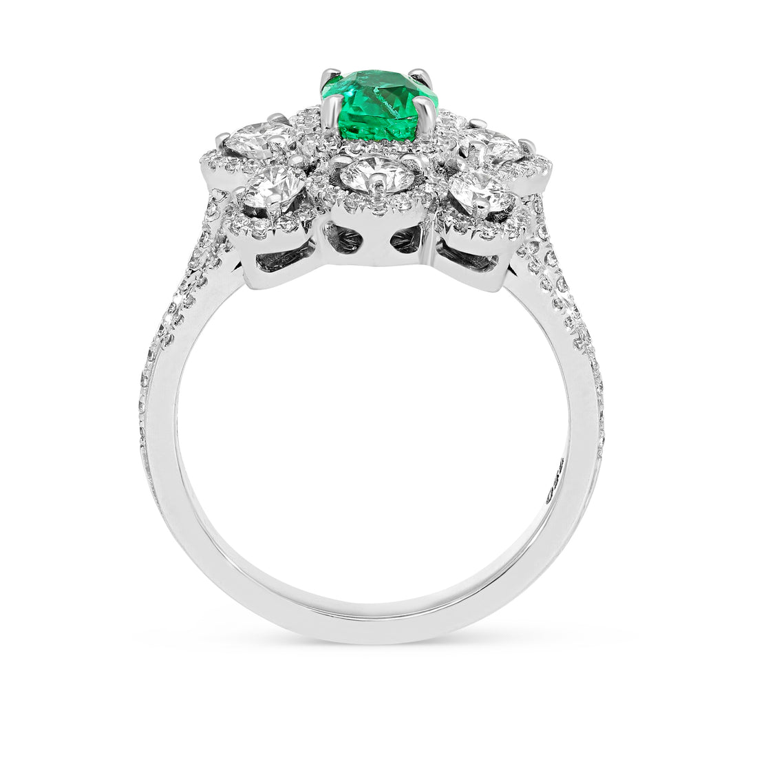 Oval Cut Green Emerald Birthstone Ring Featuring a Diamond Pave Flower Setting