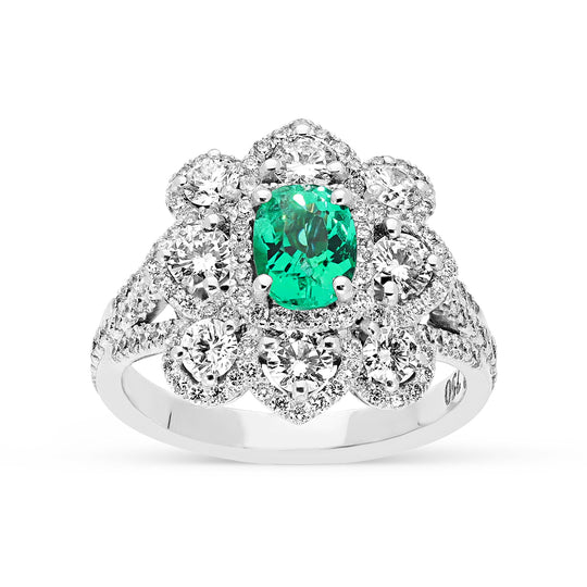 Oval Cut Green Emerald Birthstone Ring Featuring a Diamond Pave Flower Setting