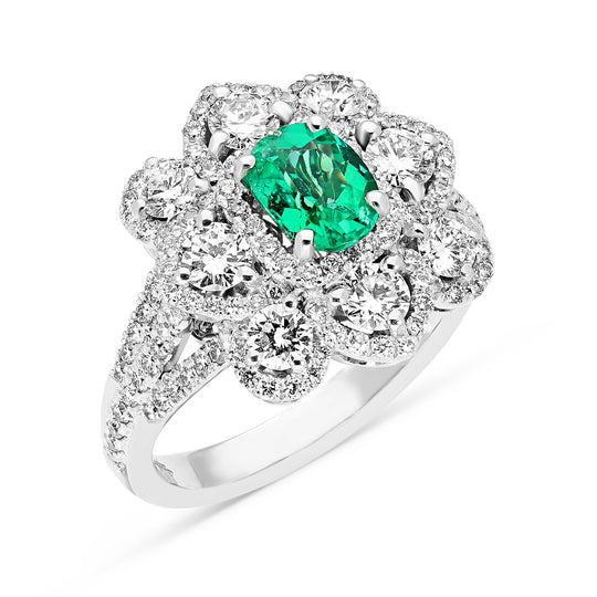Oval Cut Green Emerald Birthstone Ring Featuring a Diamond Pave Flower Setting