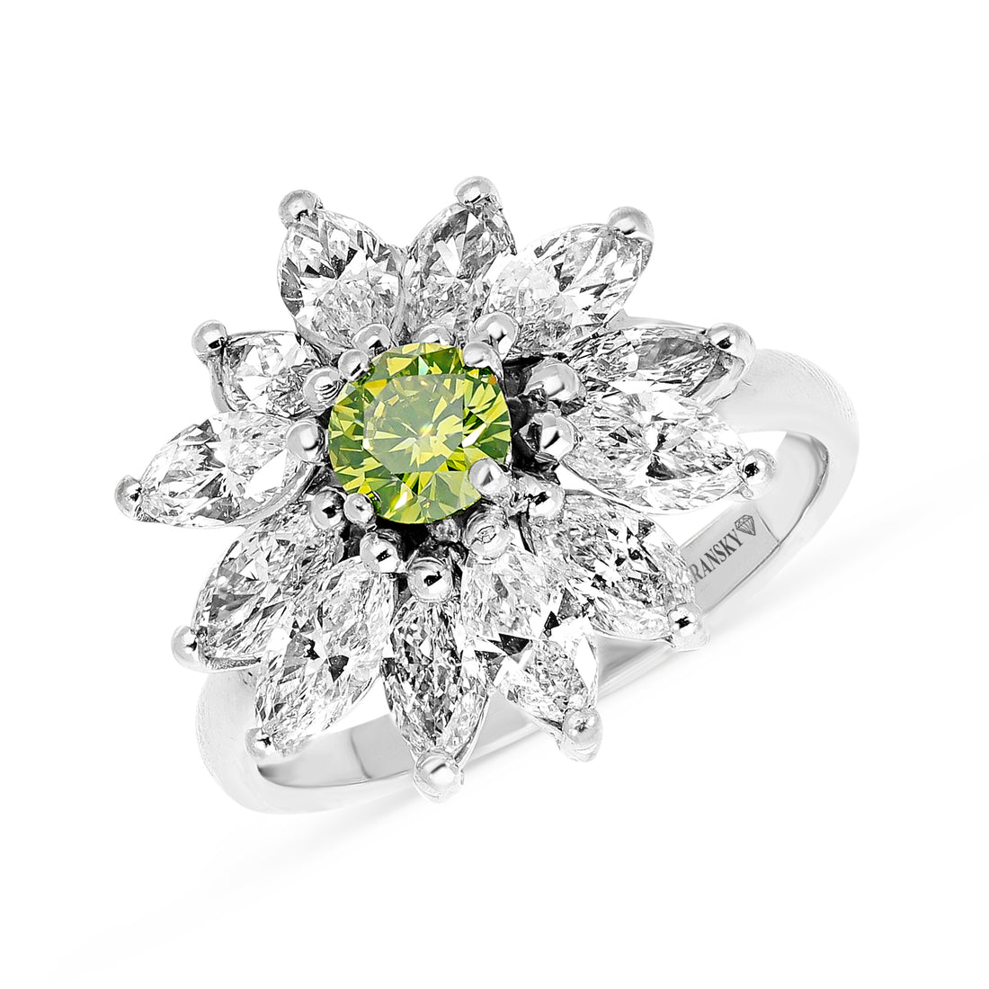 Green Tourmaline Marquise Cut Diamond Flower Ring - 3.7 Carat