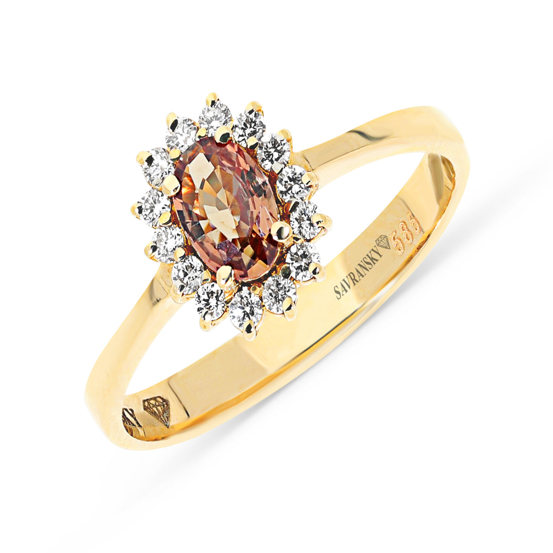 Oval Cut Pinkish Brown Sapphire Flower Shaped Halo Birthstone Ring