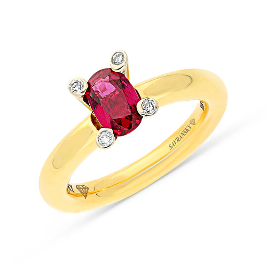 Oval Cut Natural Ruby Diamond Detail Four Prong Birthstone Ring